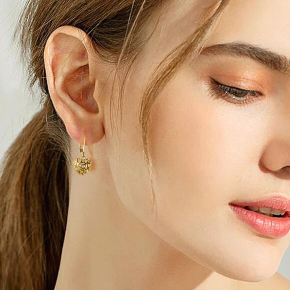 925 Sterling Silver 14K Gold French Leverback Heart Dangle Earrings for Women - Picture 4 of 8